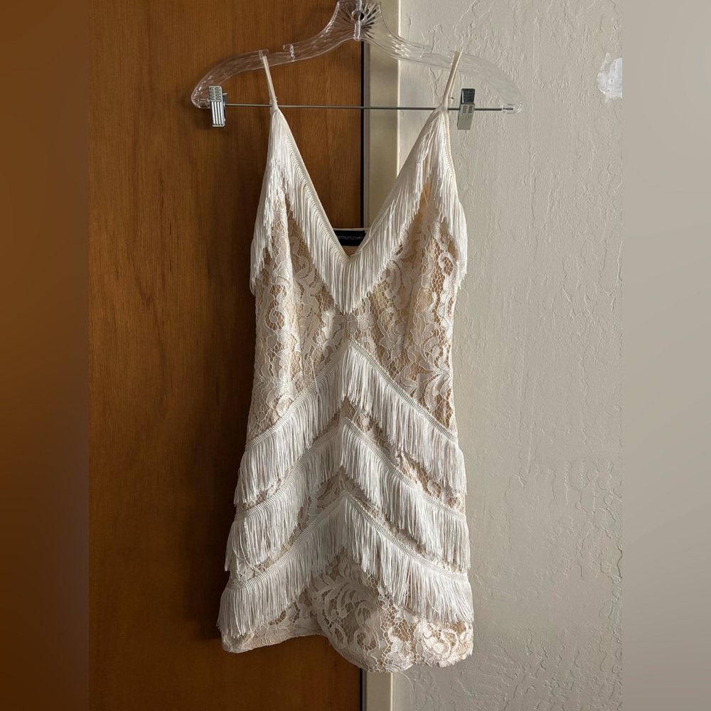 PrettyLittleThing Cream Lace Fringe Dress